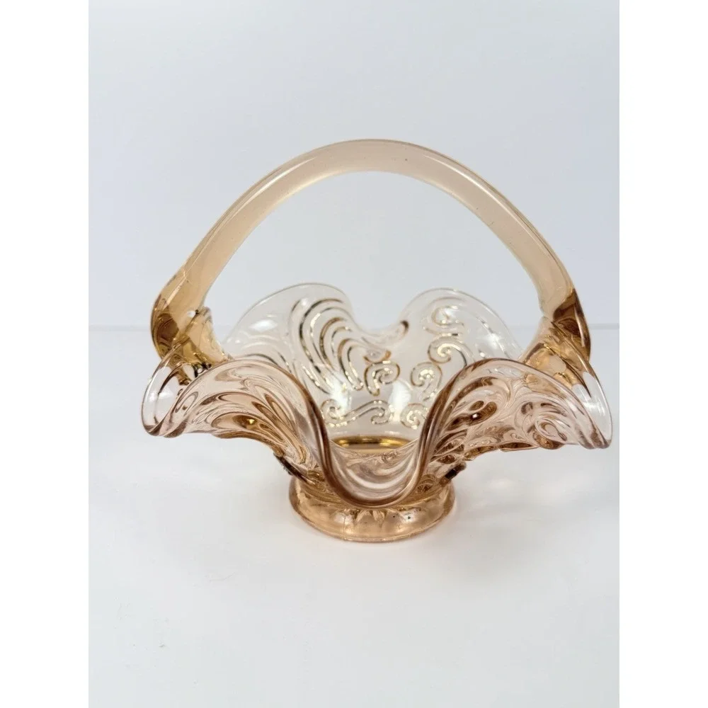 Vintage Italian Peach Pink Glass Basket Ruffled Scroll Design MCM 1960s 70s